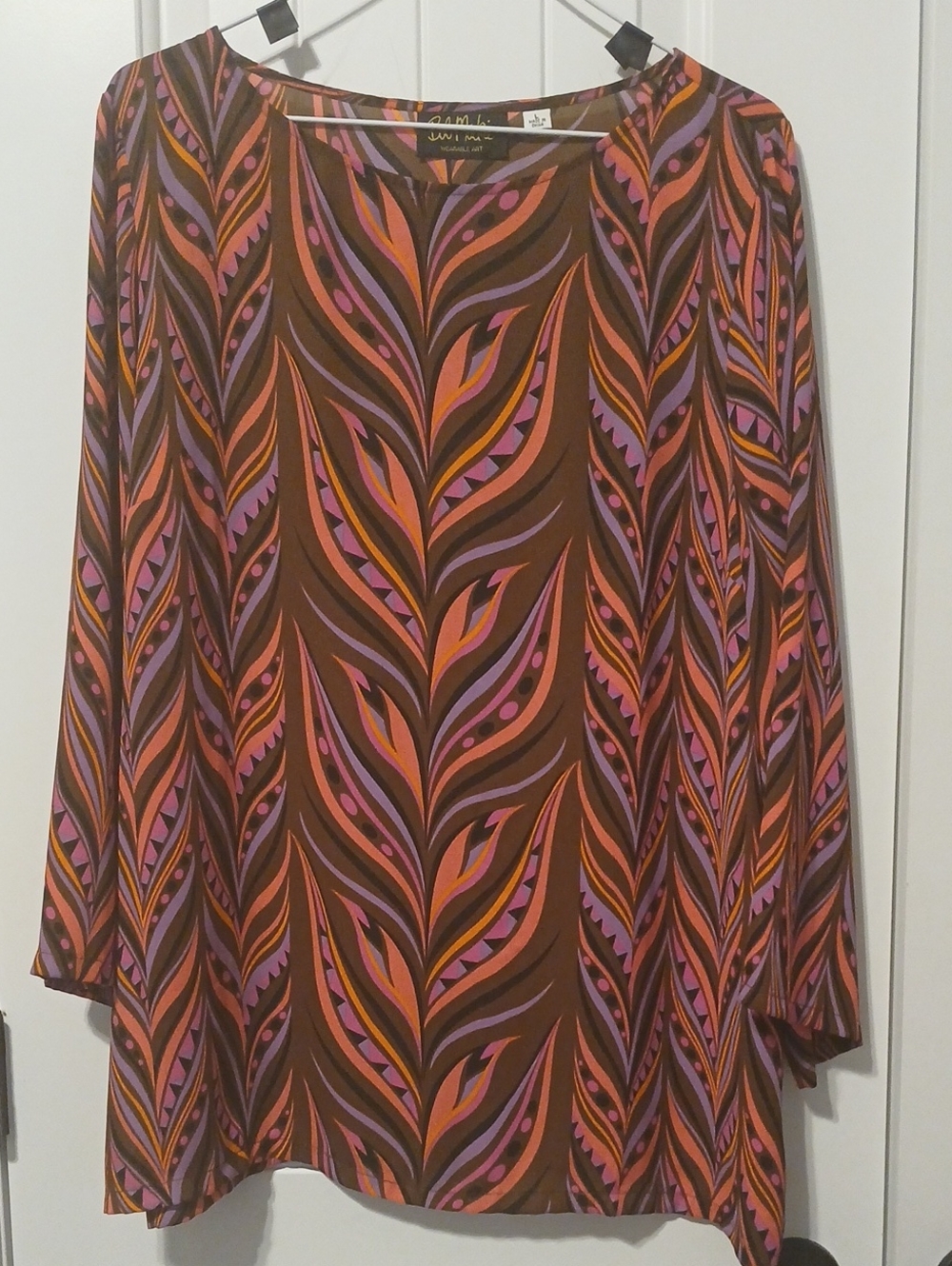 Bob Mackie Brown Tunic with Pink & Orange Leaf Print